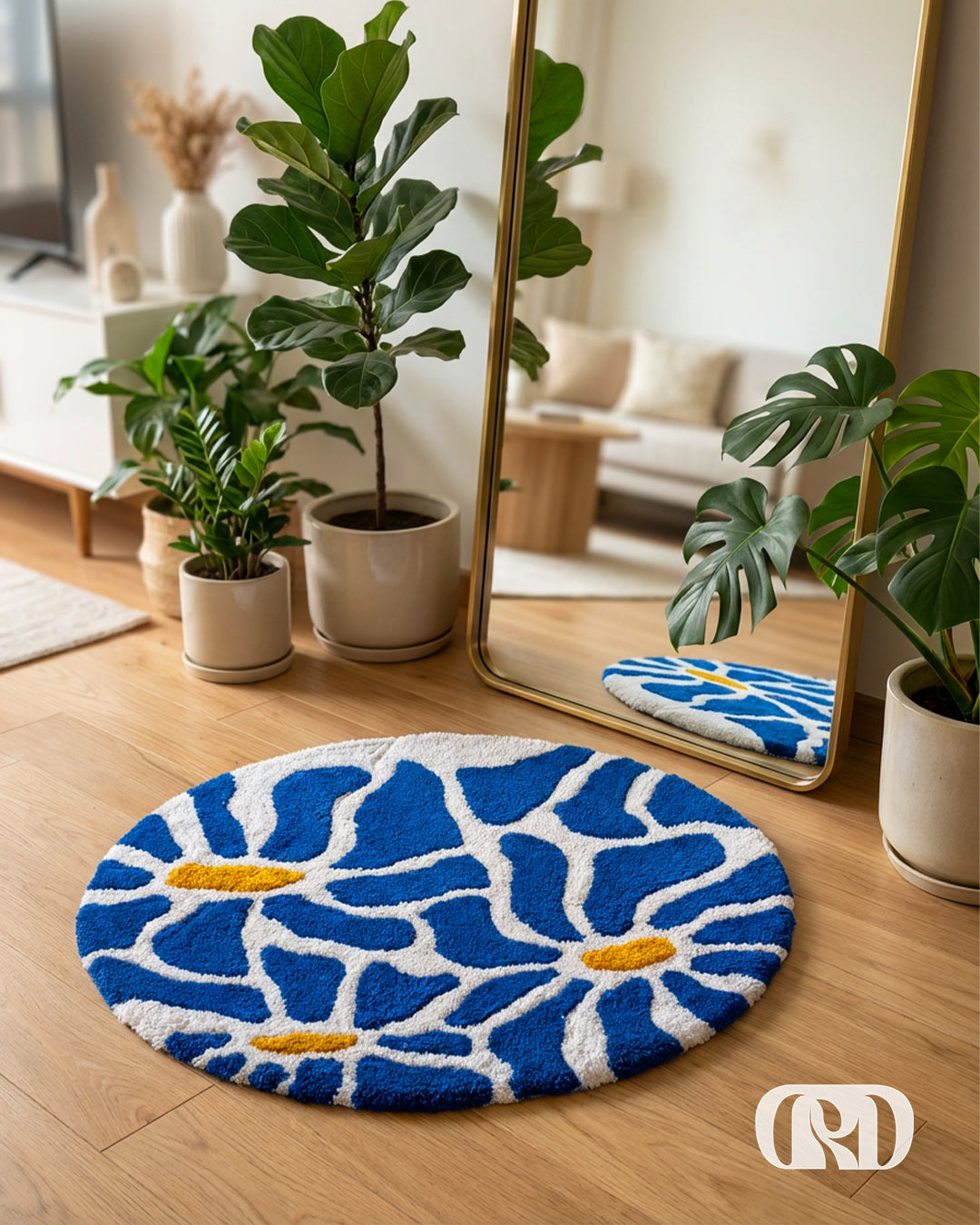 BLUE FLORAL ROUND TUFTED RUG